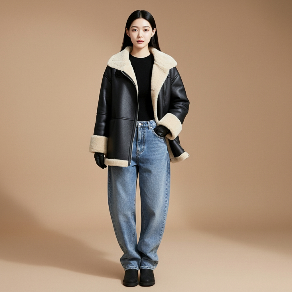 Faux shearling coat in black worn by a standing model in side profile, showing an oversized silhouette, zip front closure, cream shearling lining, wide turn-down collar, long sleeves, and straight hem