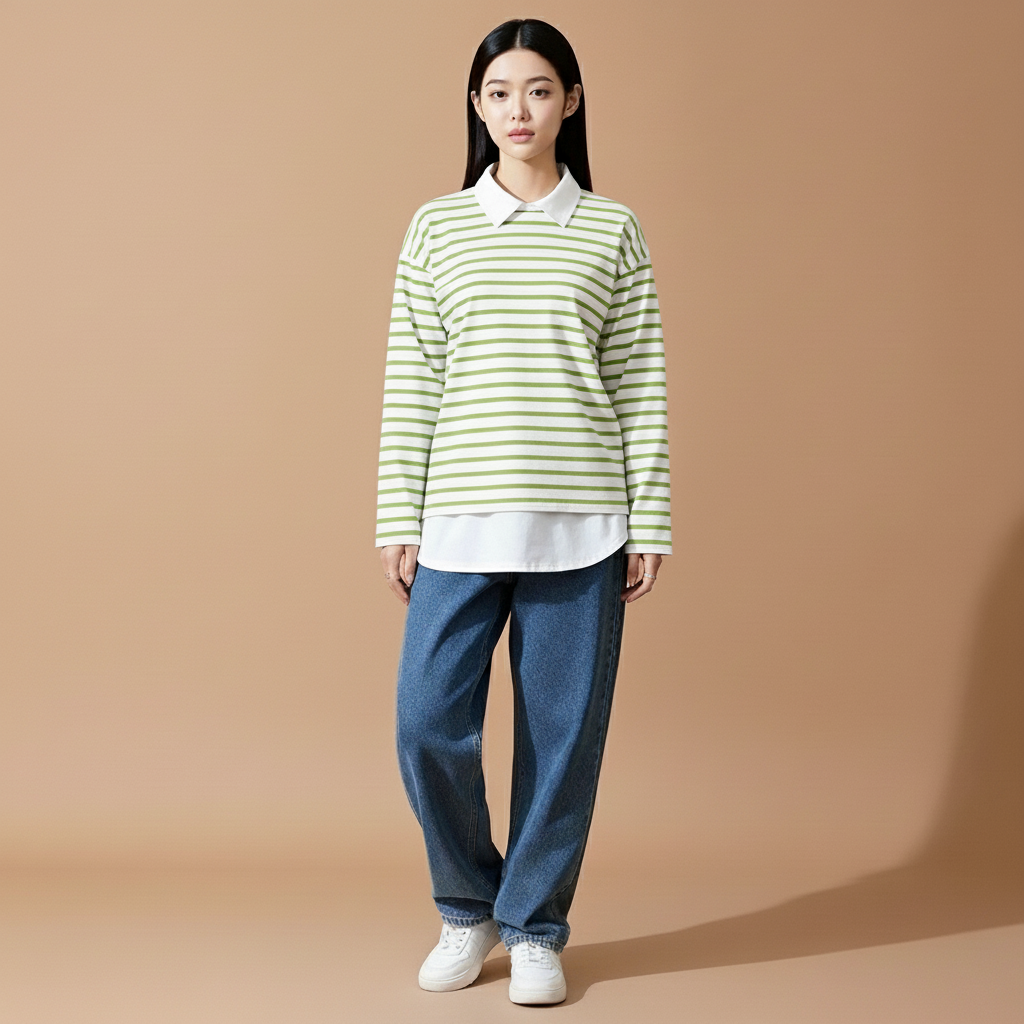 Cotton striped long sleeve shirt in green and white worn by a standing model facing front, showing horizontal stripe detailing, white collar underlayer, loose fit shape, straight hem finish, and long sleeves