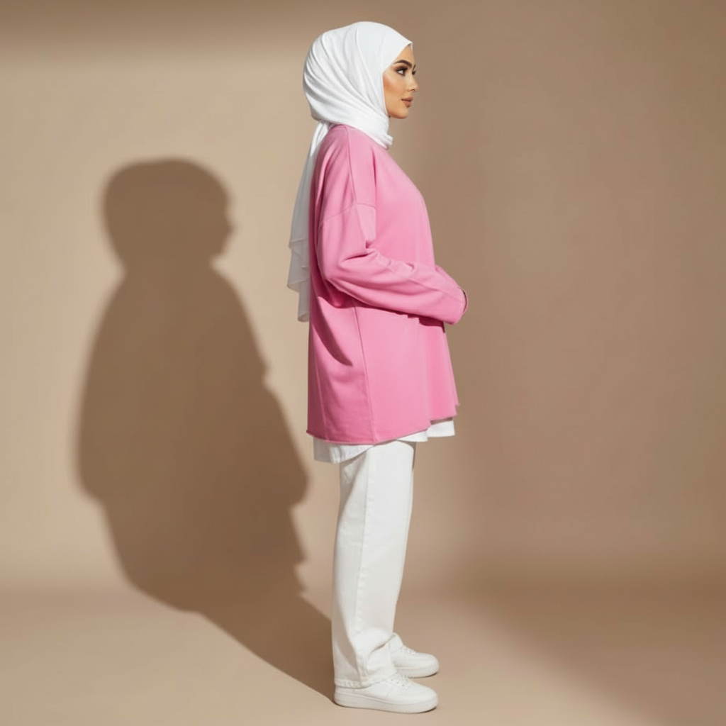 Oversized long sleeve t-shirt in bright pink worn by a standing hijabi model in side profile, showing a crew neckline, dropped shoulders, relaxed elongated silhouette, straight hemline, and full-length sleeves