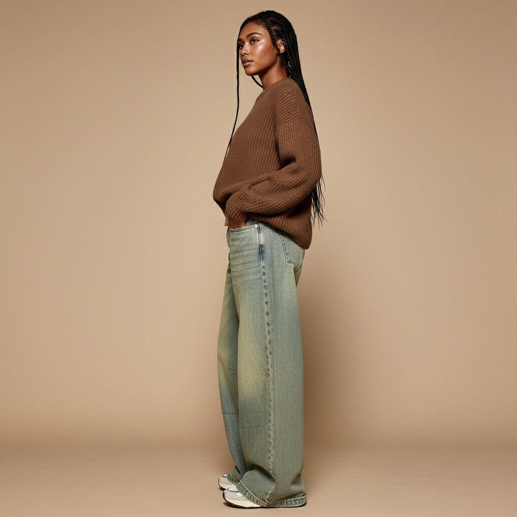 Vintage washed wide leg jeans in faded green-Grey worn by a standing model in side profile, showing a high-waist waistband, straight wide leg cut, relaxed loose fit from hip to hem, side seam detailing, and full-length hem resting near the floor