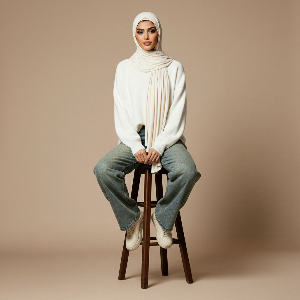 Vintage wash wide leg jeans in faded blue worn by a seated hijabi model facing front, showing a high waist, relaxed wide-leg cut, full-length hem pooling slightly at the ankles, classic five-pocket design, and soft washed denim finish