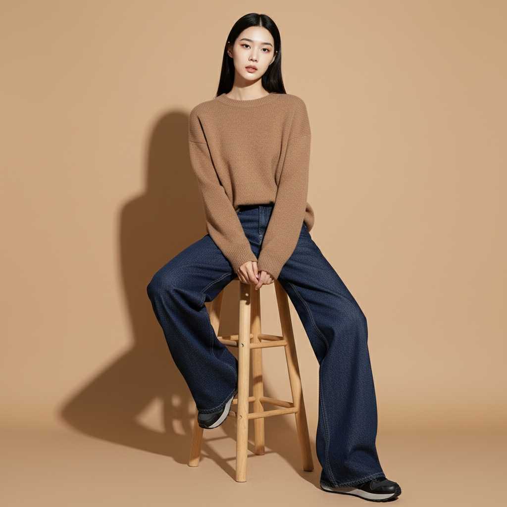Low waist baggy jeans in black worn by a seated model facing front, showing a low-rise waistband, loose straight leg shape, relaxed drape through the thighs, full-length legs, and hem pooling naturally over footwear