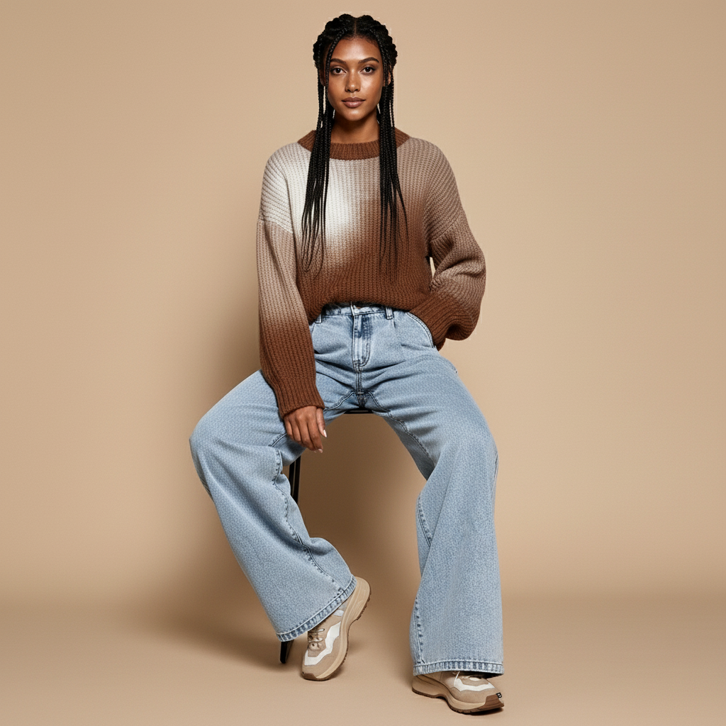 Wide leg jeans in light blue worn by a seated model facing front, showing a high waist, relaxed wide leg silhouette, smooth vintage wash denim texture, straight leg fall, full-length legs, and hem resting over footwear
