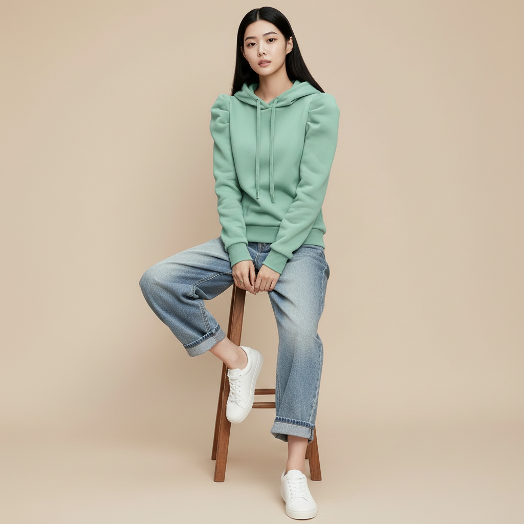 Loose fit hoodie in cyan worn by a seated model, showing a soft oversized shape, structured shoulders, drawstring hood, long sleeves, and straight hem