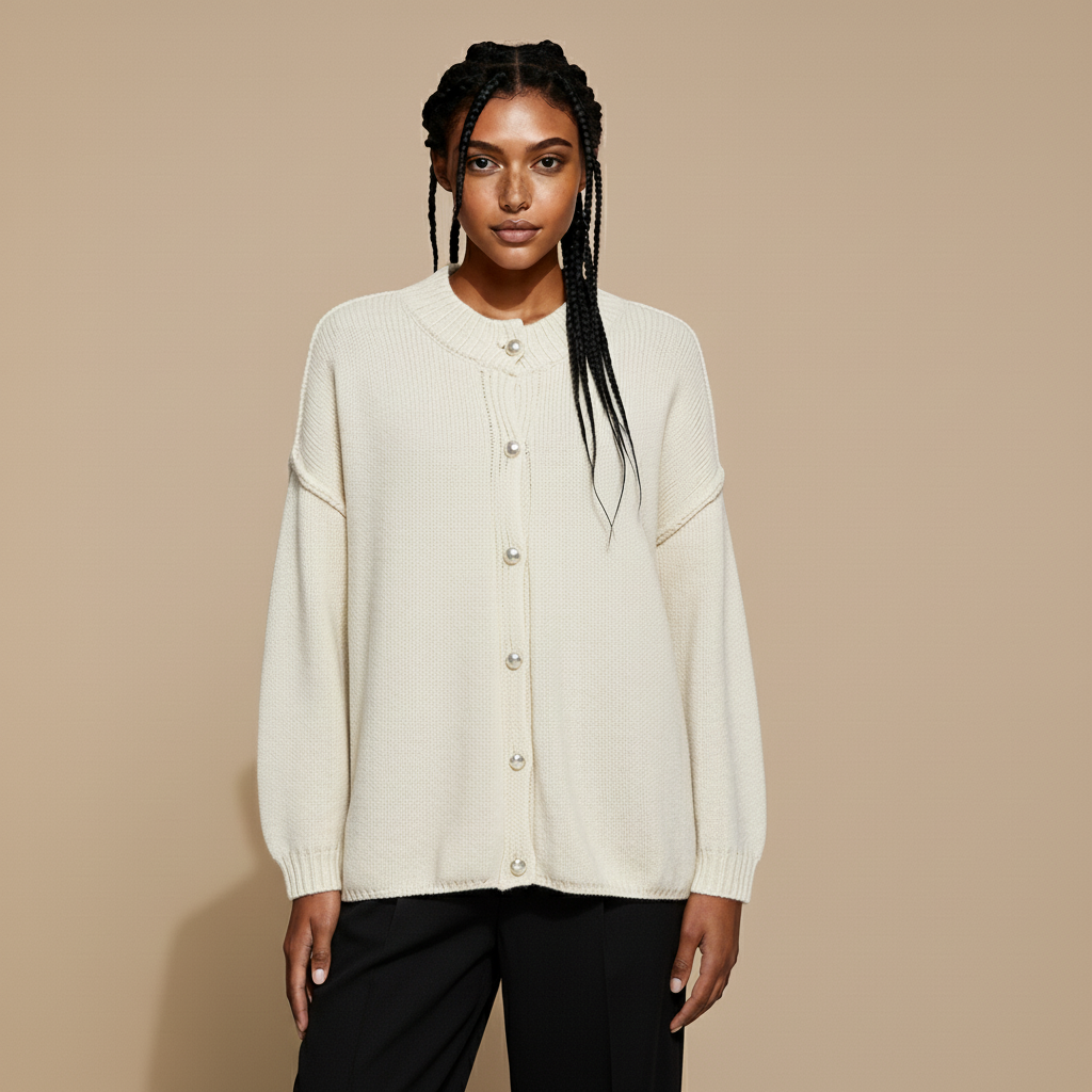 Oversized knit cardigan in beige worn by a standing model, showing a straight fit, wide sleeves, and textured knit finish