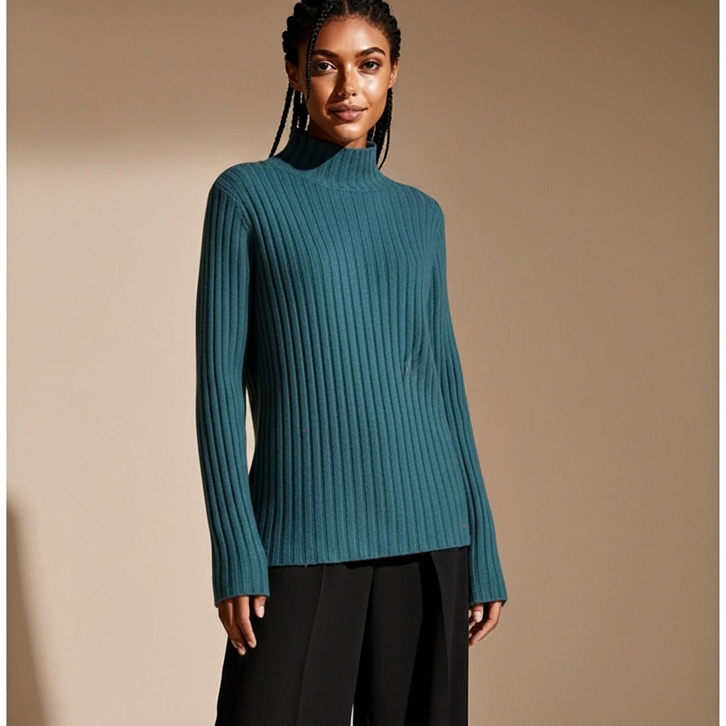 Ribbed knit roll neck jumper in blue worn by a standing model, showing vertical rib texture, long sleeves, and high neckline