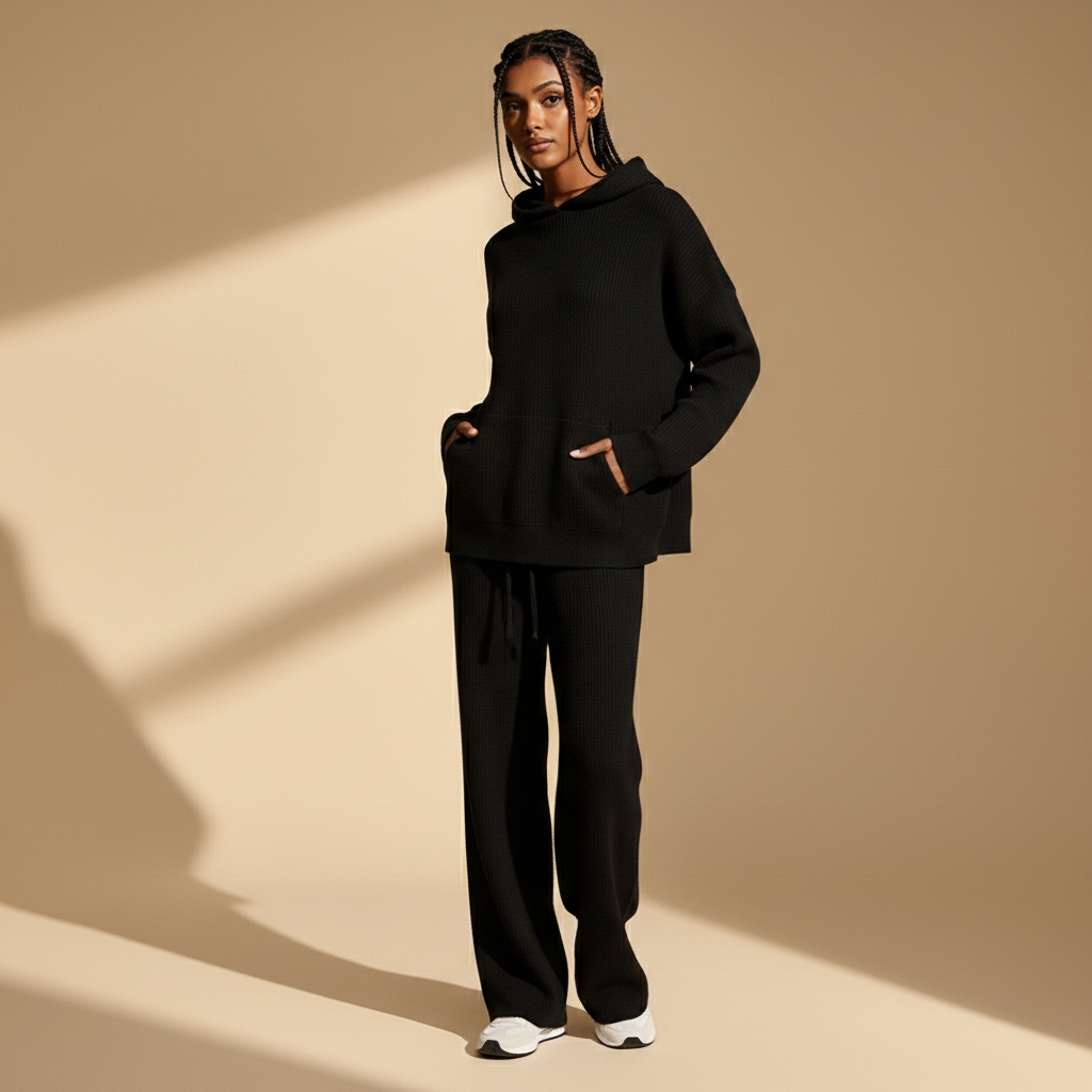 Wide leg tracksuit set in black worn by a standing model facing front, showing a ribbed hoodie with relaxed silhouette, dropped sleeves, straight wide leg joggers, smooth ribbed knit texture, full-length legs, and hem falling over footwear