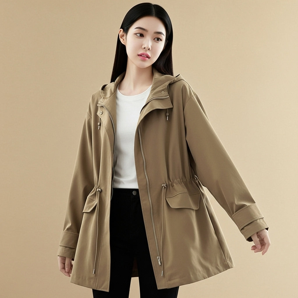 Utility jacket in khaki worn by a standing female model facing back, showing a hooded back panel, gathered waist detail, long sleeves with cuff tabs, mid-thigh length hemline, and relaxed back drape over trousers