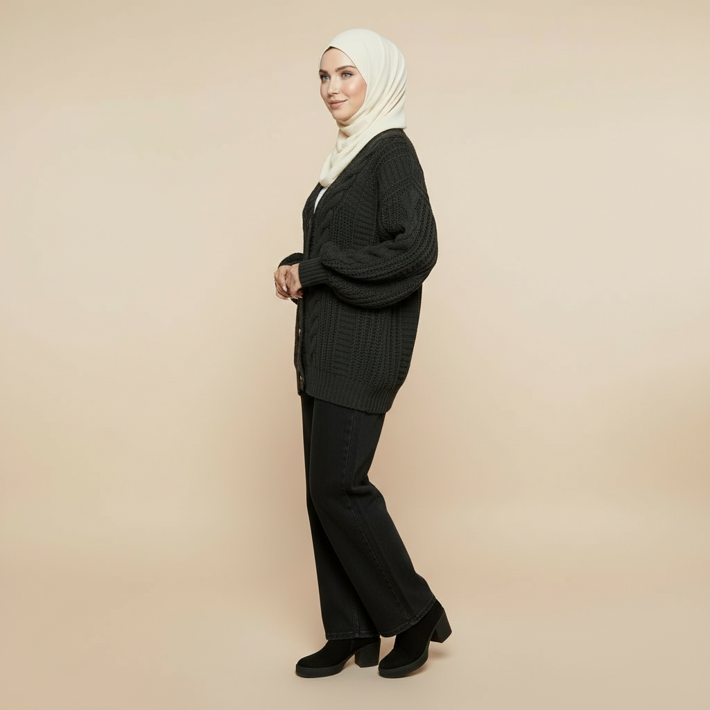 Cable knit cardigan in black worn by a standing model, showing a side view, textured knit pattern, and long sleeves