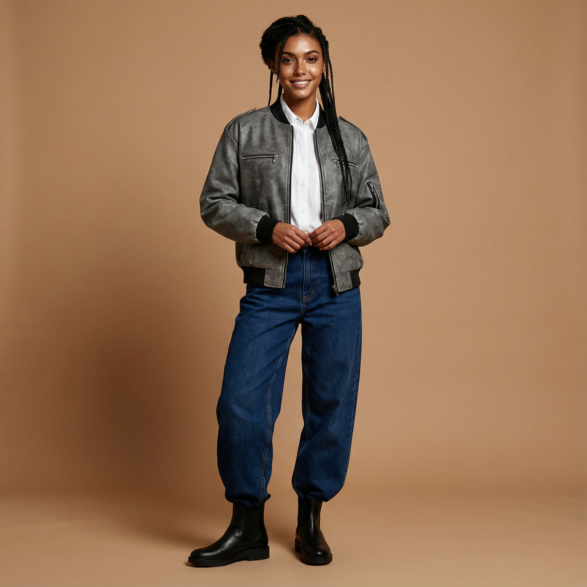 Faux leather bomber jacket in Grey worn by a standing model facing front, showing a zip-up front, ribbed collar, ribbed cuffs, ribbed hem, two horizontal zip chest pockets, long sleeves, and a structured bomber shape layered over a buttoned shirt and jeans