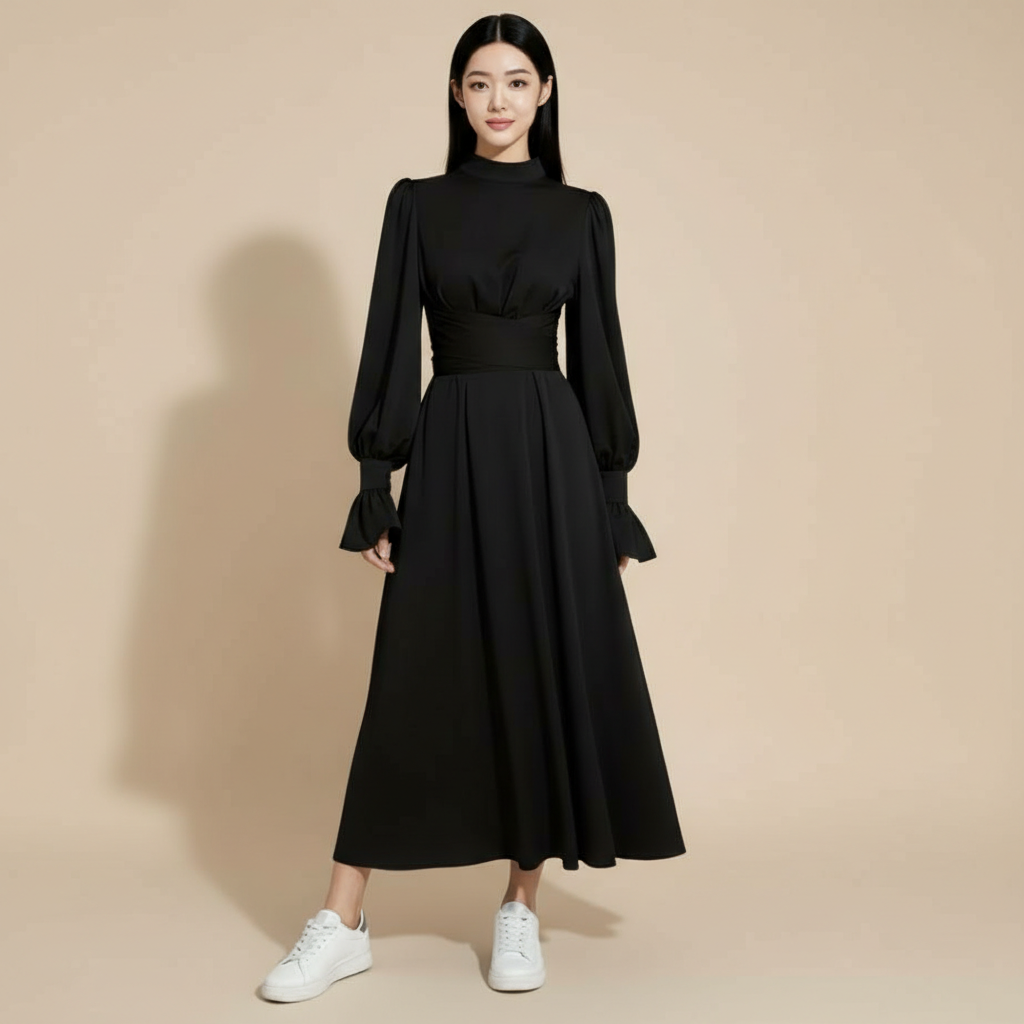 Ruffle sleeve high neck dress in black worn by a standing model facing front, showing a high neckline, smooth bodice shaping, long sleeves finished with ruffle cuffs, maxi-length skirt, and fluid straight fall