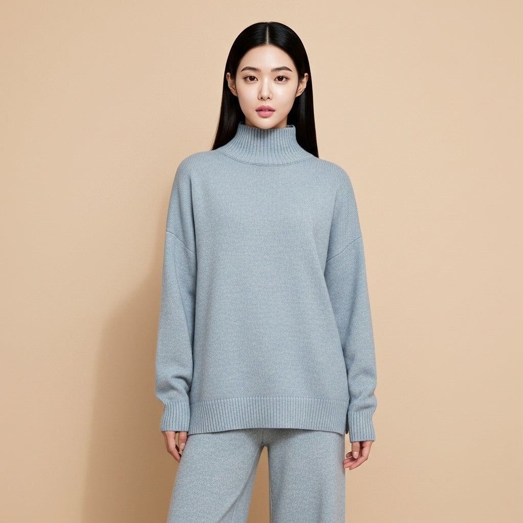 Wide-leg knit co-ord set in sea blue worn by a standing model facing front, showing a structured high-neck pullover, relaxed long sleeves, smooth knit surface, wide straight-leg trousers, full-length legs, and clean hem finish