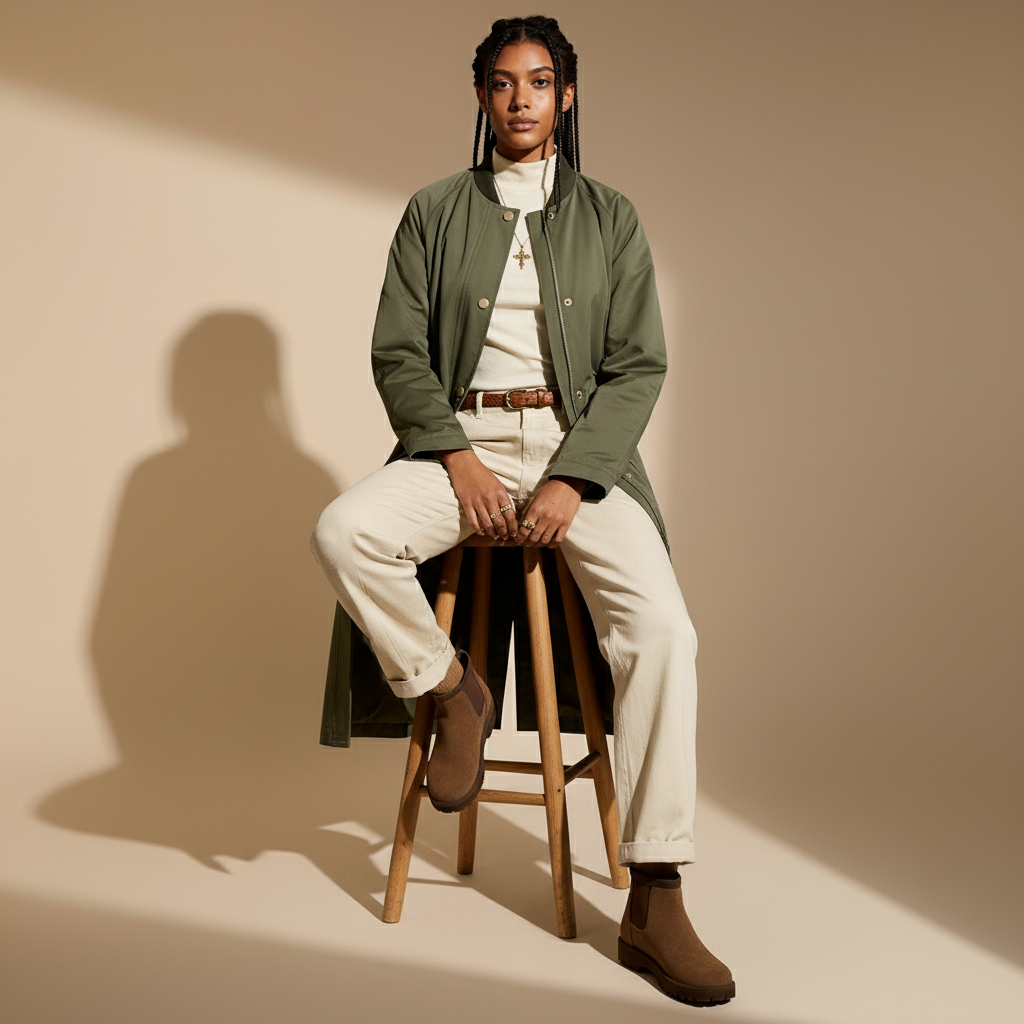 Trench coat in olive green worn by a seated model facing front, showing a longline silhouette, button-front opening, relaxed straight fit, full-length sleeves, visible flap pockets, smooth fabric texture, and hem draping naturally while seated