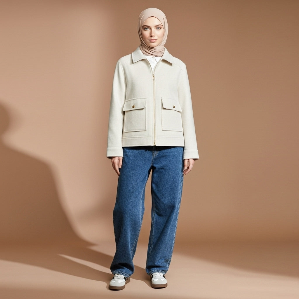 Cropped zip jacket in off-white worn by a standing model, showing a fitted cropped shape, pointed collar, front zipper closure, dual flap pockets, long sleeves, and straight hem