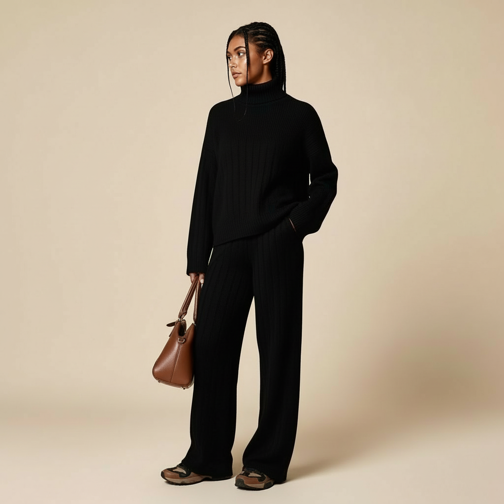 Ribbed co-ord set in black worn by a standing model facing three-quarter view, showing a two-piece silhouette, ribbed knit texture, long-sleeve high-neck top, wide-leg trousers, and relaxed drape