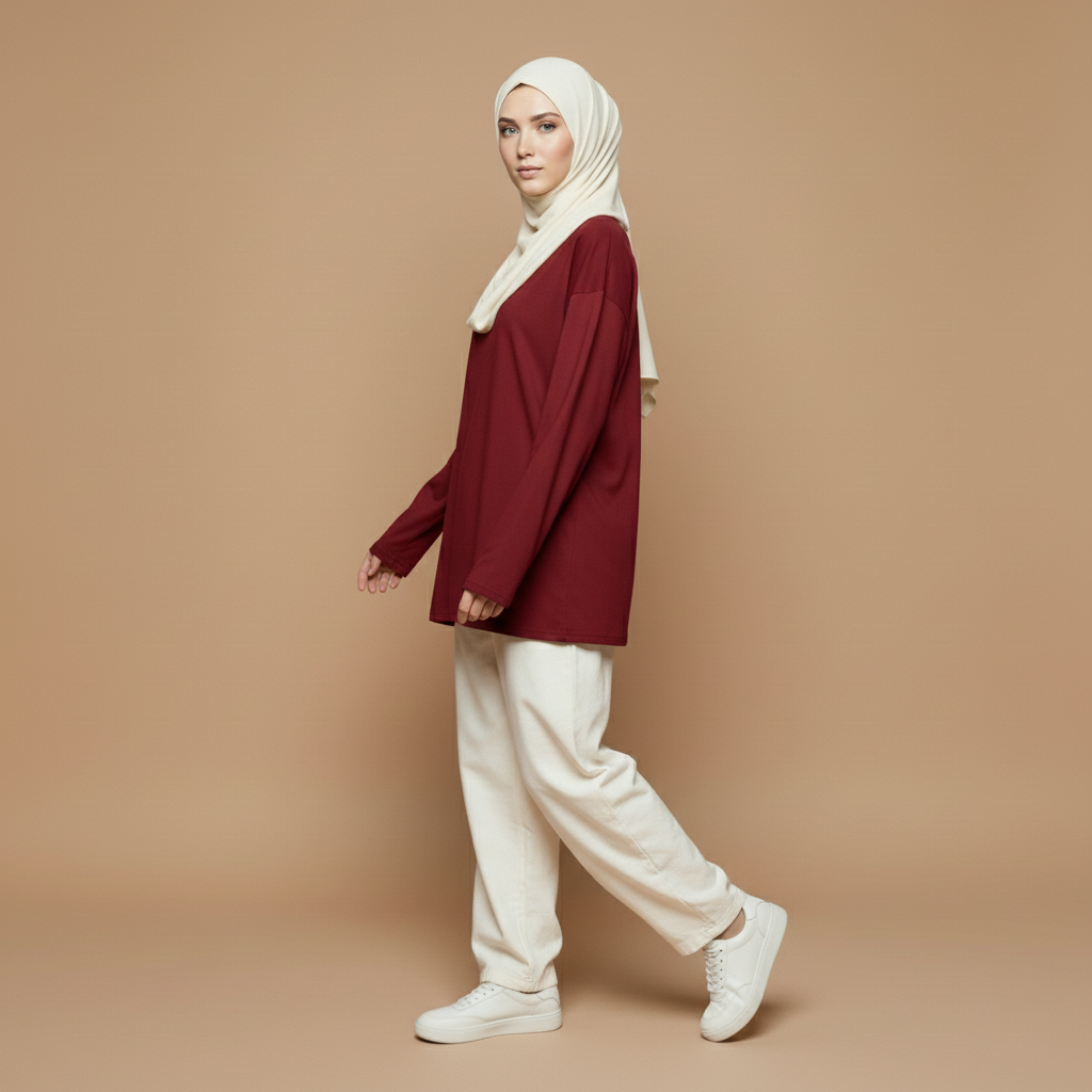Oversized long sleeve cotton t-shirt in red worn by a standing hijabi model in side profile while walking, showing a loose elongated fit, straight hem finish, long sleeves, dropped shoulder line, and clean minimal structure