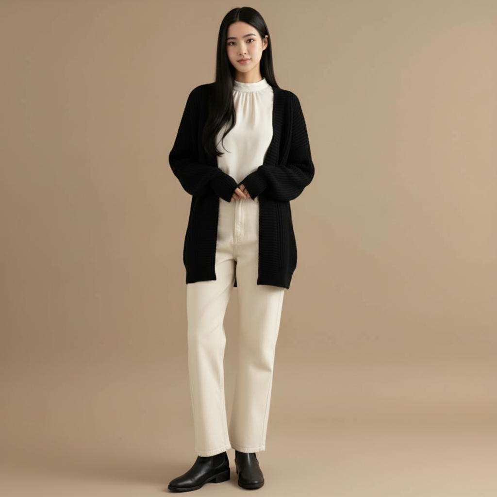 Oversized knit cardigan in black worn by a standing model, showing a loose drape, wide sleeves, and buttoned front