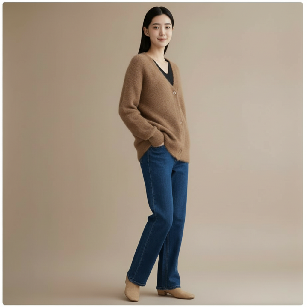 Oversized fluffy knit cardigan in khaki worn by a standing side-view model, showing a soft drape, fuzzy texture, v-neckline, and relaxed sleeves