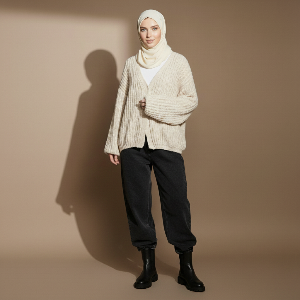 Oversize knit cardigan in beige worn by a standing model, showing an oversized shape, ribbed chunky knit, open front, and batwing-style sleeves