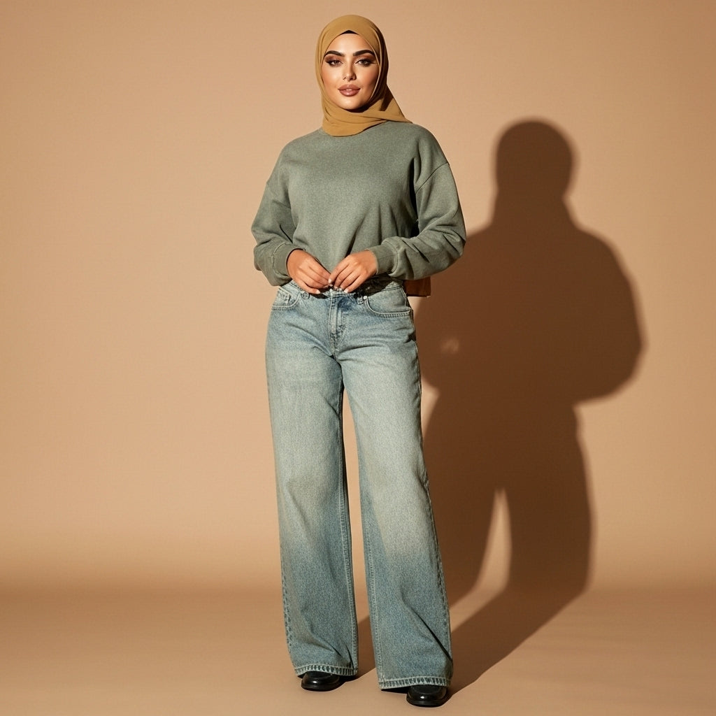 Low waist baggy jeans in sky blue worn by a standing model facing front, showing a low-rise waistband, relaxed loose fit, wide leg cut, vintage wash denim texture, full-length legs, and clean hem finish