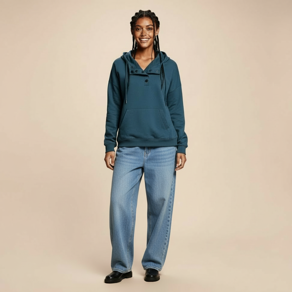 Henley hoodie in dark blue worn by a standing model, showing a loose fit, buttoned neckline, drawstring hood, long sleeves, and front pouch pocket