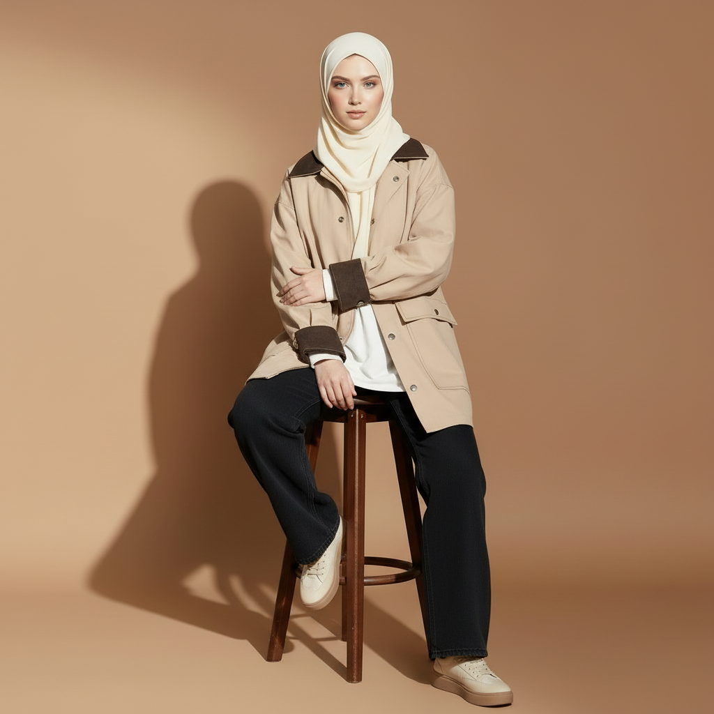 Utility jacket in light beige worn by a seated model, showing a boxy cut, contrast corduroy collar, button front, wide sleeves, and straight hem with clean panel lines