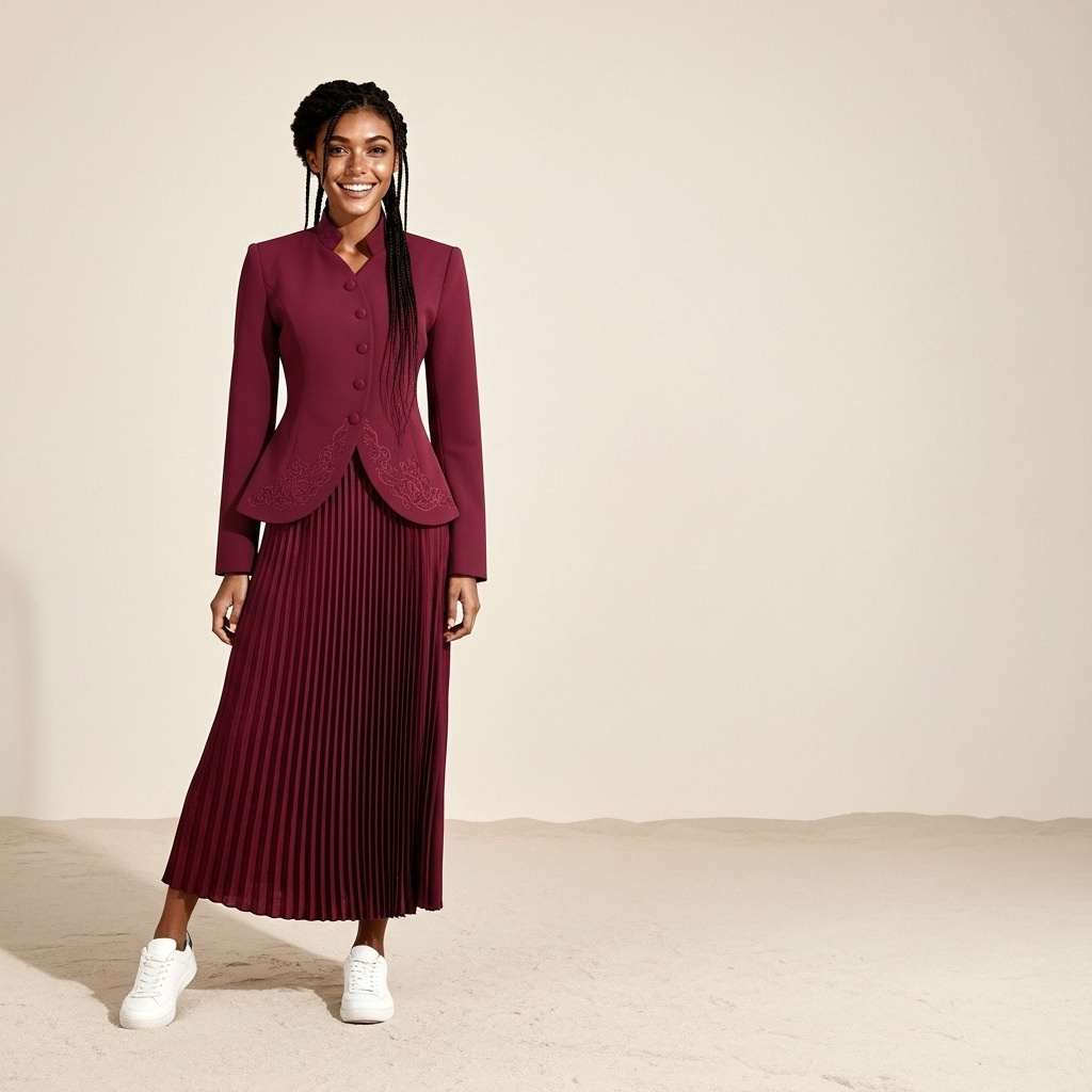 Skirt suit set in burgundy worn by a standing model, showing a structured stand-collar jacket with curved hem, button fastening, and a sharply pleated full-length skirt