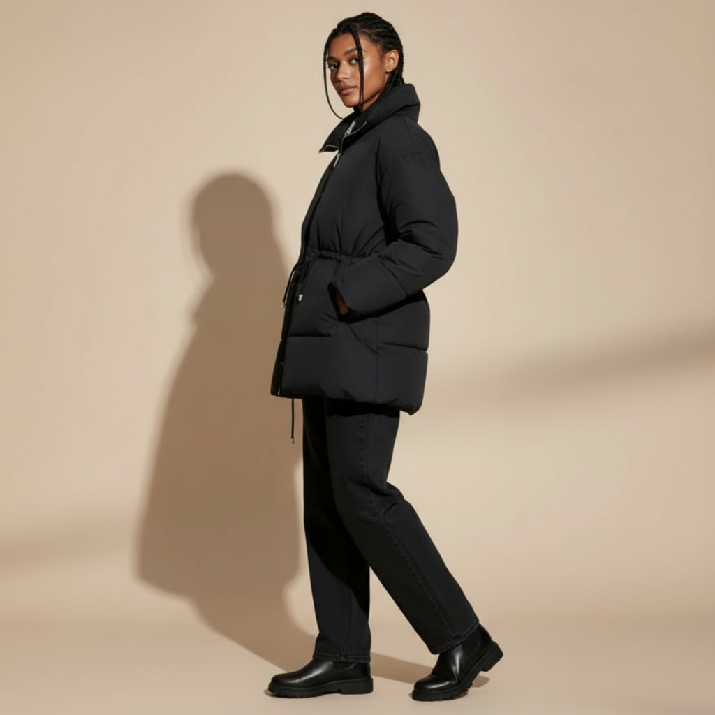 Longline puffer coat in black shown in side profile, showing a long padded cut, high collar structure, cinched waist detail, straight sleeve line, and clean quilted finish