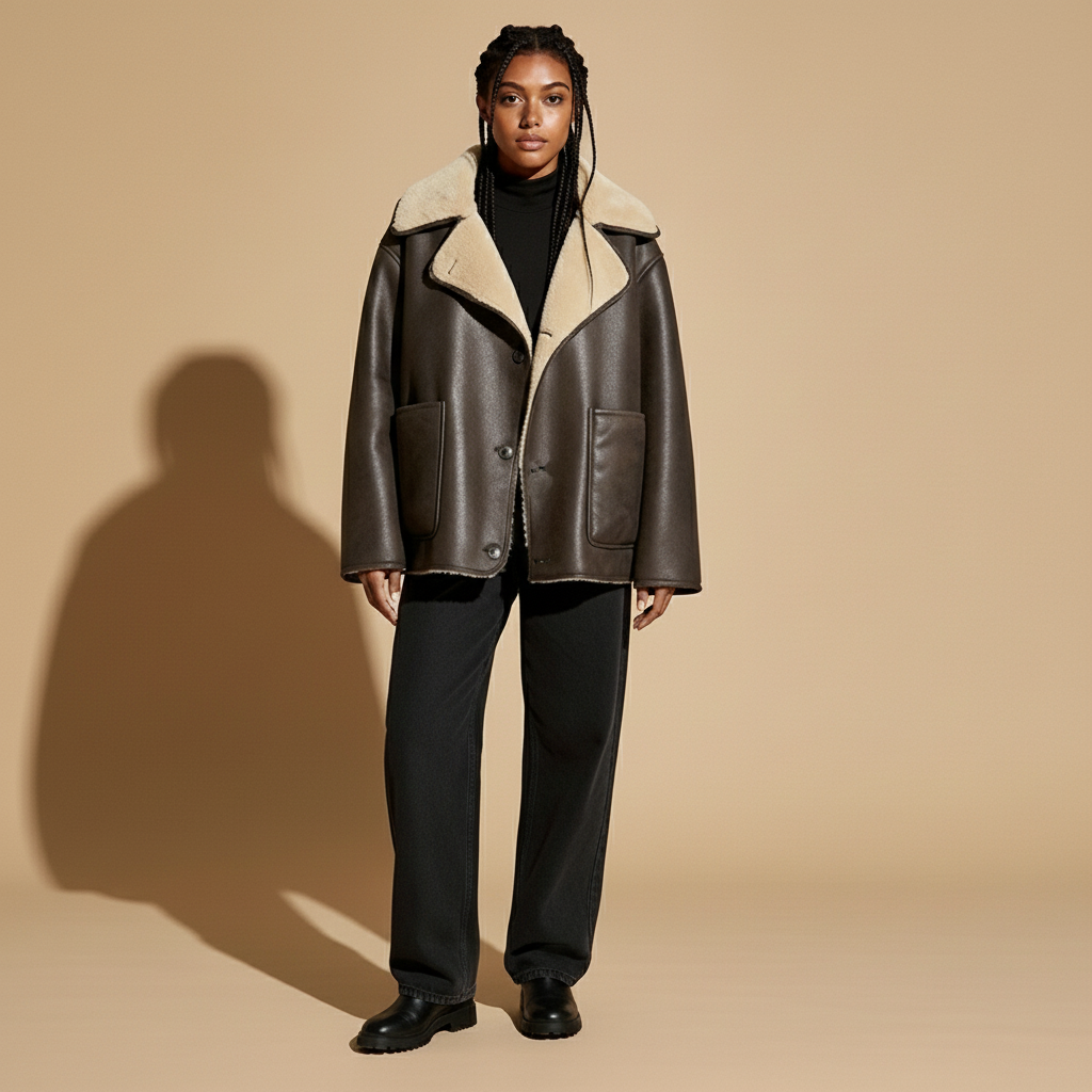 Faux shearling jacket in brown worn by a standing model facing forward, showing a structured oversized shape, contrast shearling lapel, button closure, long sleeves, and clean front panel