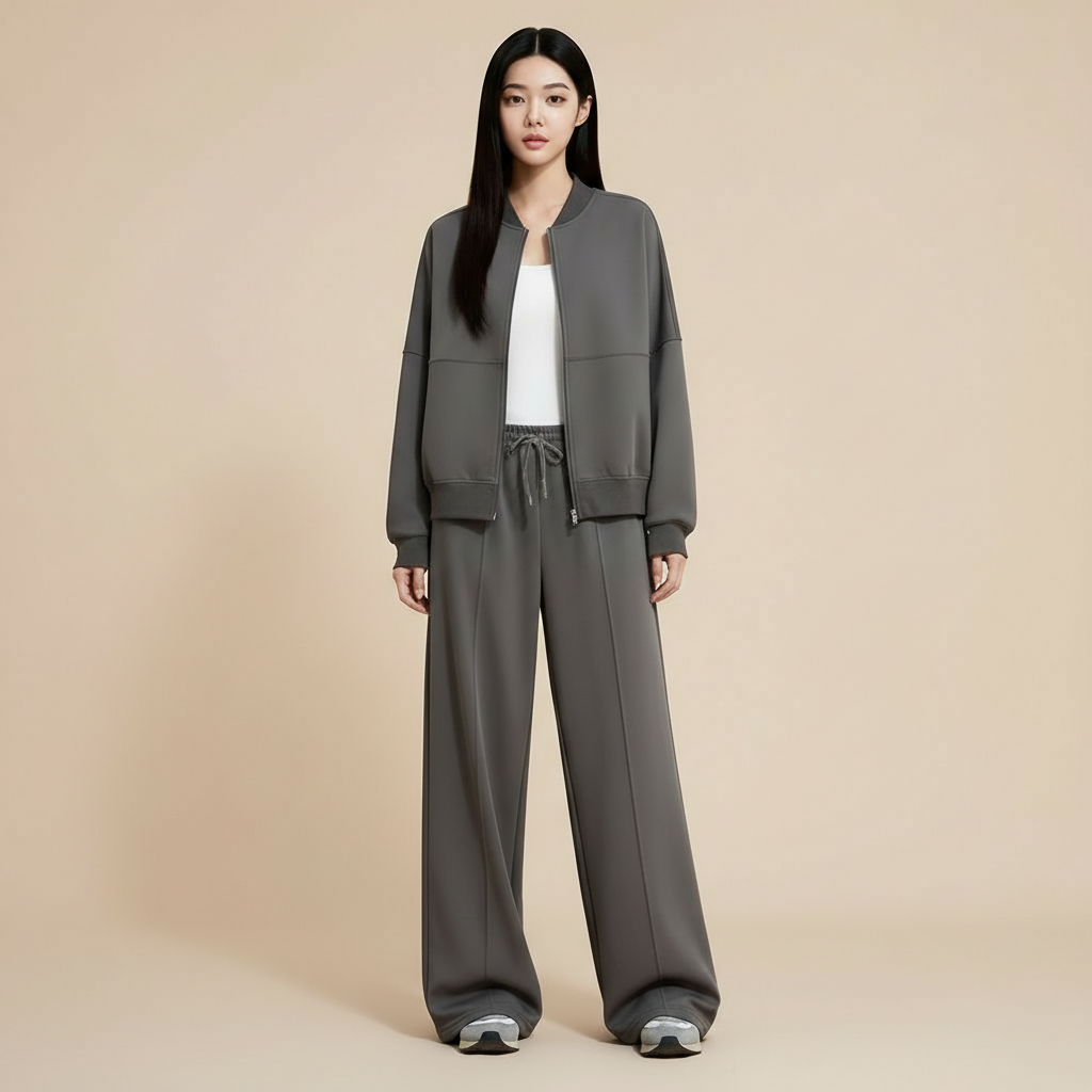 Wide leg bomber tracksuit set in Grey worn by a standing model facing front, showing a smooth-finish bomber jacket with zip closure, dropped shoulders, ribbed cuffs and hem, wide leg trousers with straight silhouette, elasticated waistband, and full-length legs pooling lightly at the hem