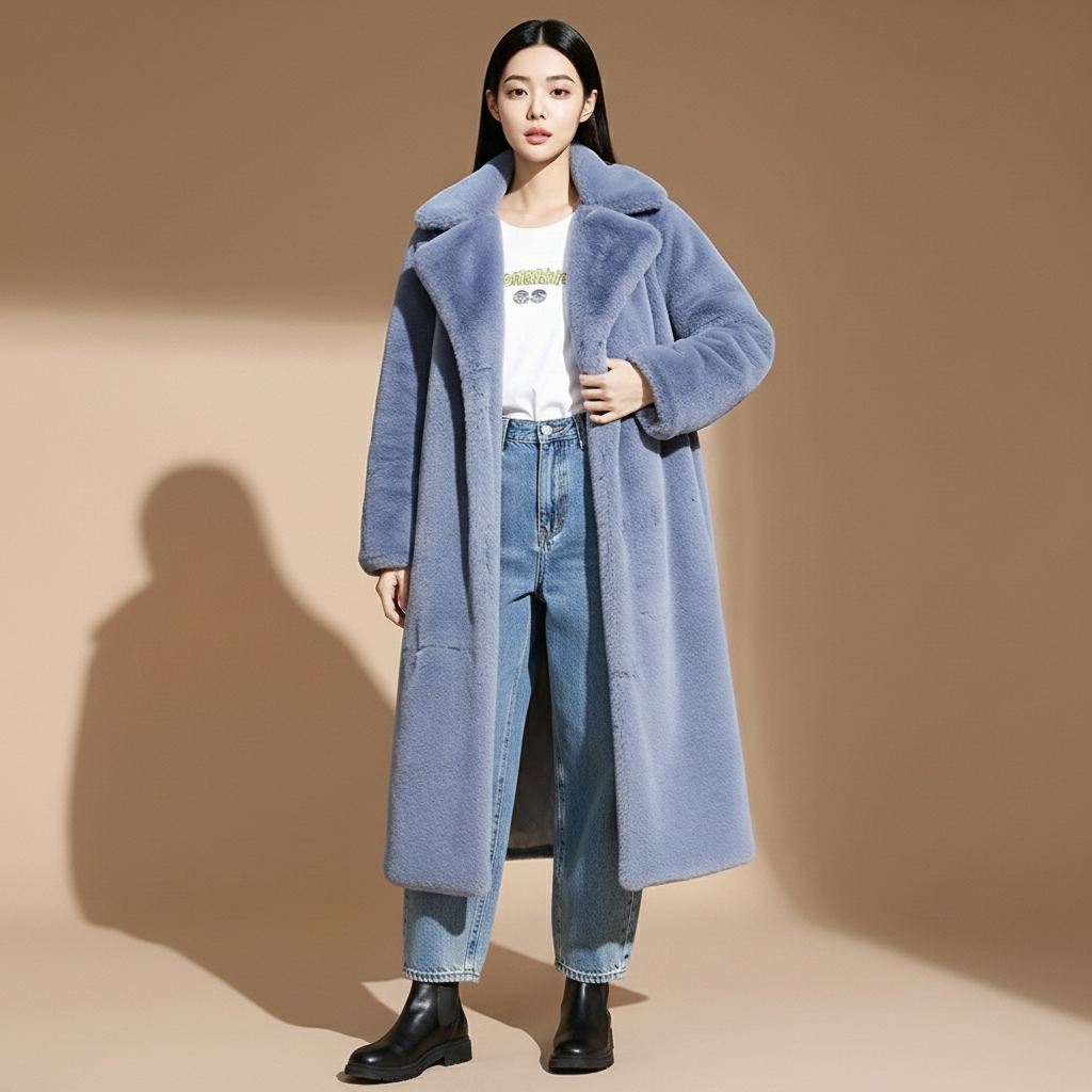 Belted faux fur longline coat in hazel blue worn by a standing model facing front, showing a soft plush surface, oversized collar, relaxed longline shape, full-length sleeves, open front styling, and hem falling to mid-calf length