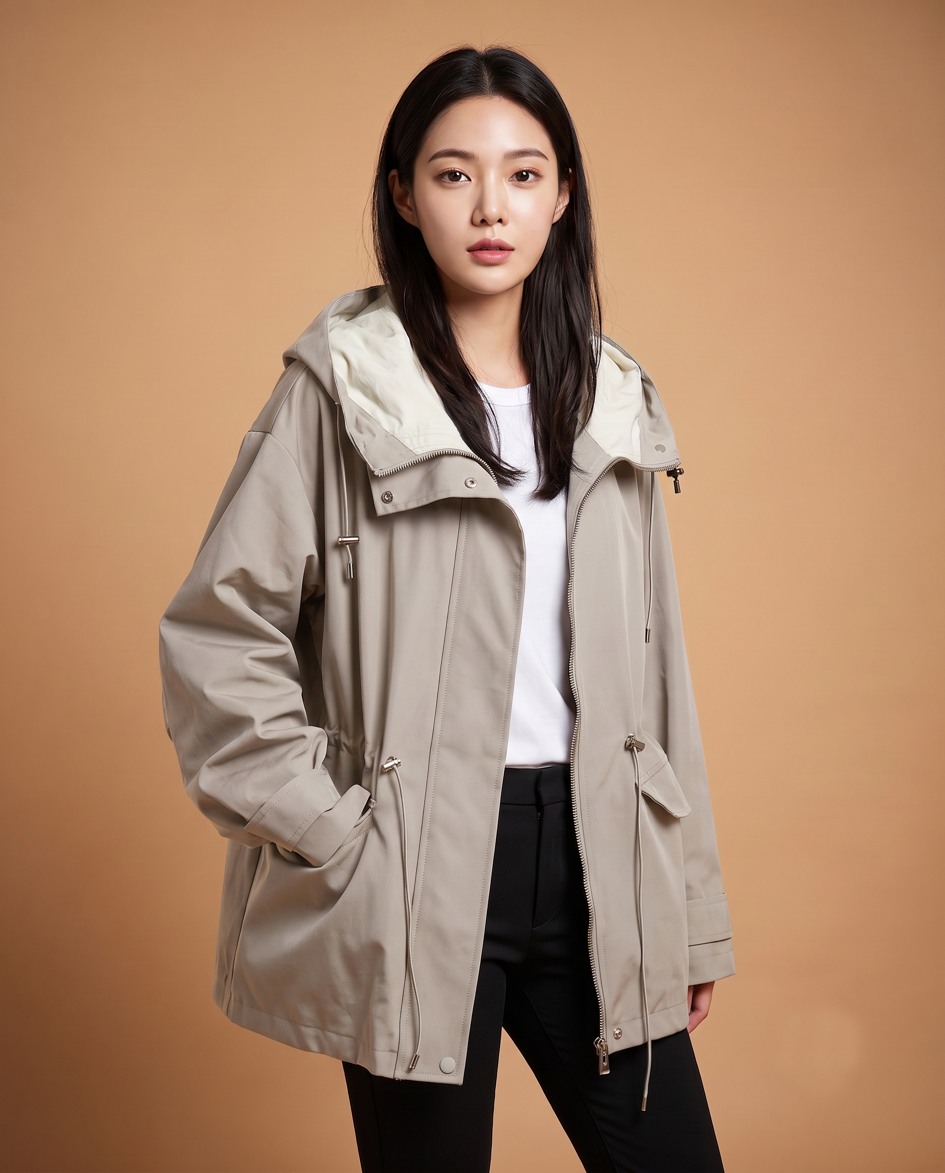 Utility jacket in light beige worn by a standing female model facing front, showing a lightweight hooded design with full zip closure, adjustable drawstring waist, long sleeves with cuff tabs, front flap pockets, mid-thigh length hem, and relaxed straight drape over trousers