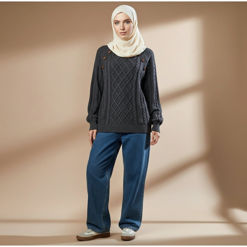 Cable knit jumper for women in black worn by a standing model, showing a square neckline, textured cable knit, and relaxed long sleeves