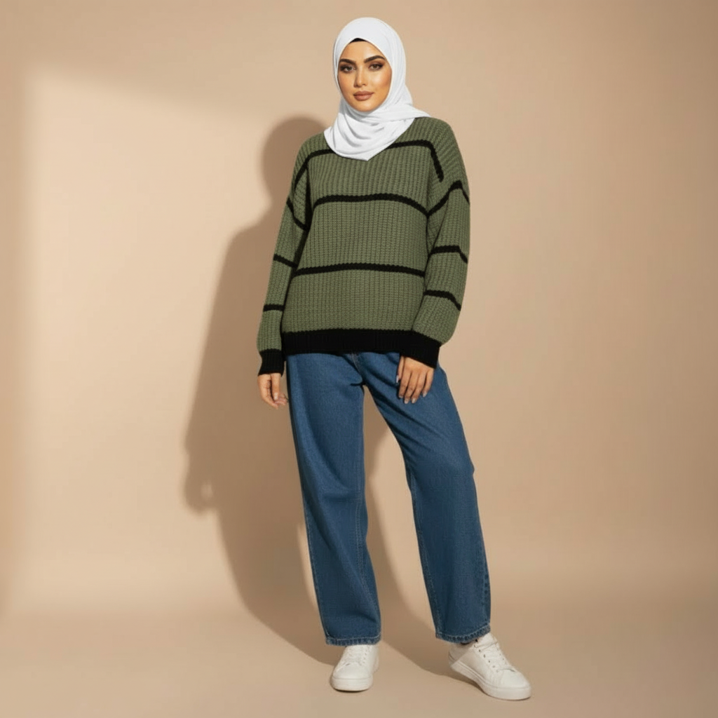 Chunky knit jumper oversized in green worn by a seated model, showing the relaxed oversized fit with striped knit texture