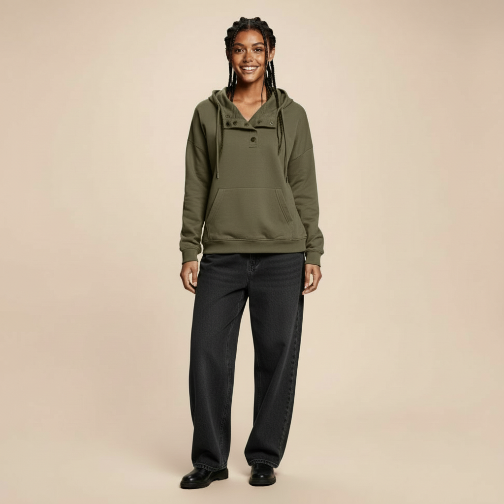Henley hoodie in army green worn by a standing model, showing a relaxed fit, buttoned neckline, drawstring hood, long sleeves, and front pouch pocket