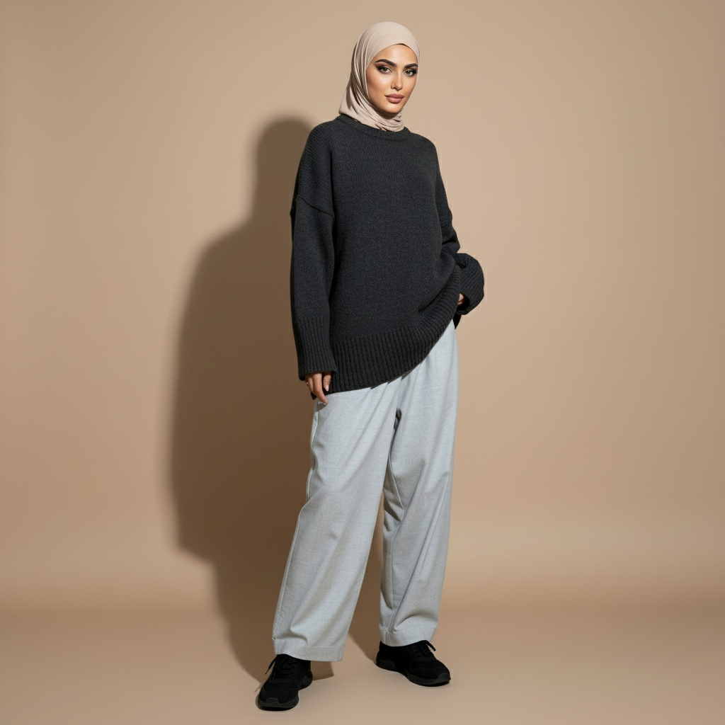 Crewneck jumper in dark worn by a standing hijabi model, showing a relaxed silhouette, long sleeves, and ribbed hem