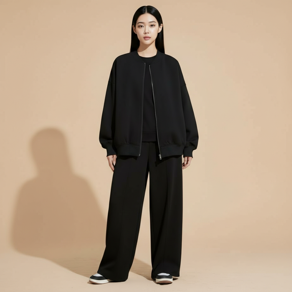 Wide leg bomber tracksuit set in black worn by a standing model facing front, showing a minimal zip-front bomber jacket with ribbed cuffs and hem, relaxed oversized fit, wide leg trousers with clean vertical fall, elasticated waistband, and full-length legs reaching the floor