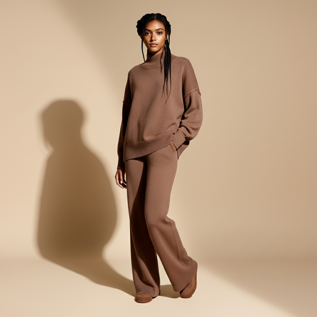 Knit co-ord set in chocolate brown worn by a standing model in a relaxed three-quarter pose, showing a loose turtleneck sweater with ribbed neckline and hem, relaxed sleeve volume, matching wide-leg trousers with straight cut, dense knit texture, and full-length legs falling over footwear