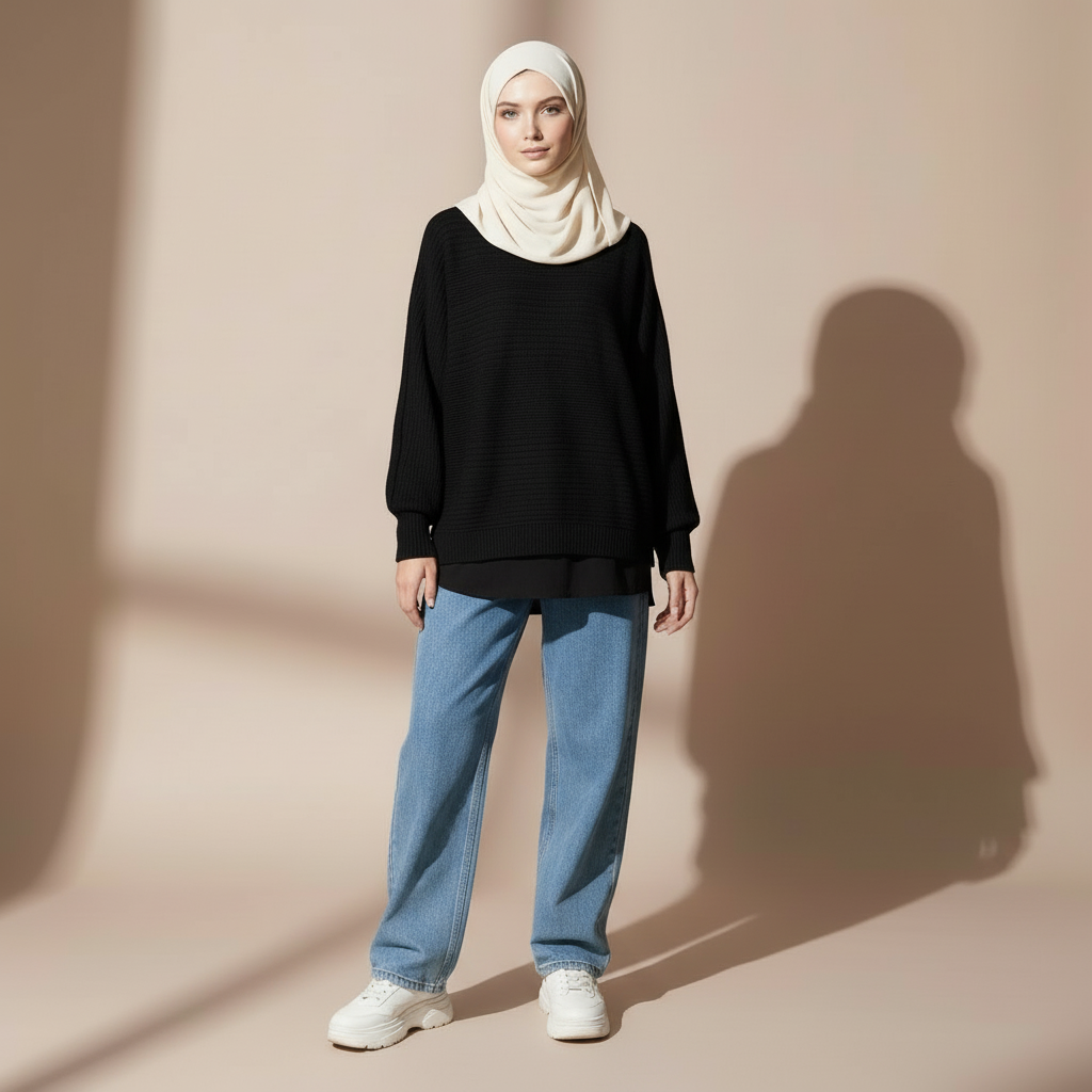 Crewneck knit jumper in black worn by a standing hijabi model in front view, showing a relaxed fit, long sleeves, ribbed cuffs, and subtle textured knit surface.