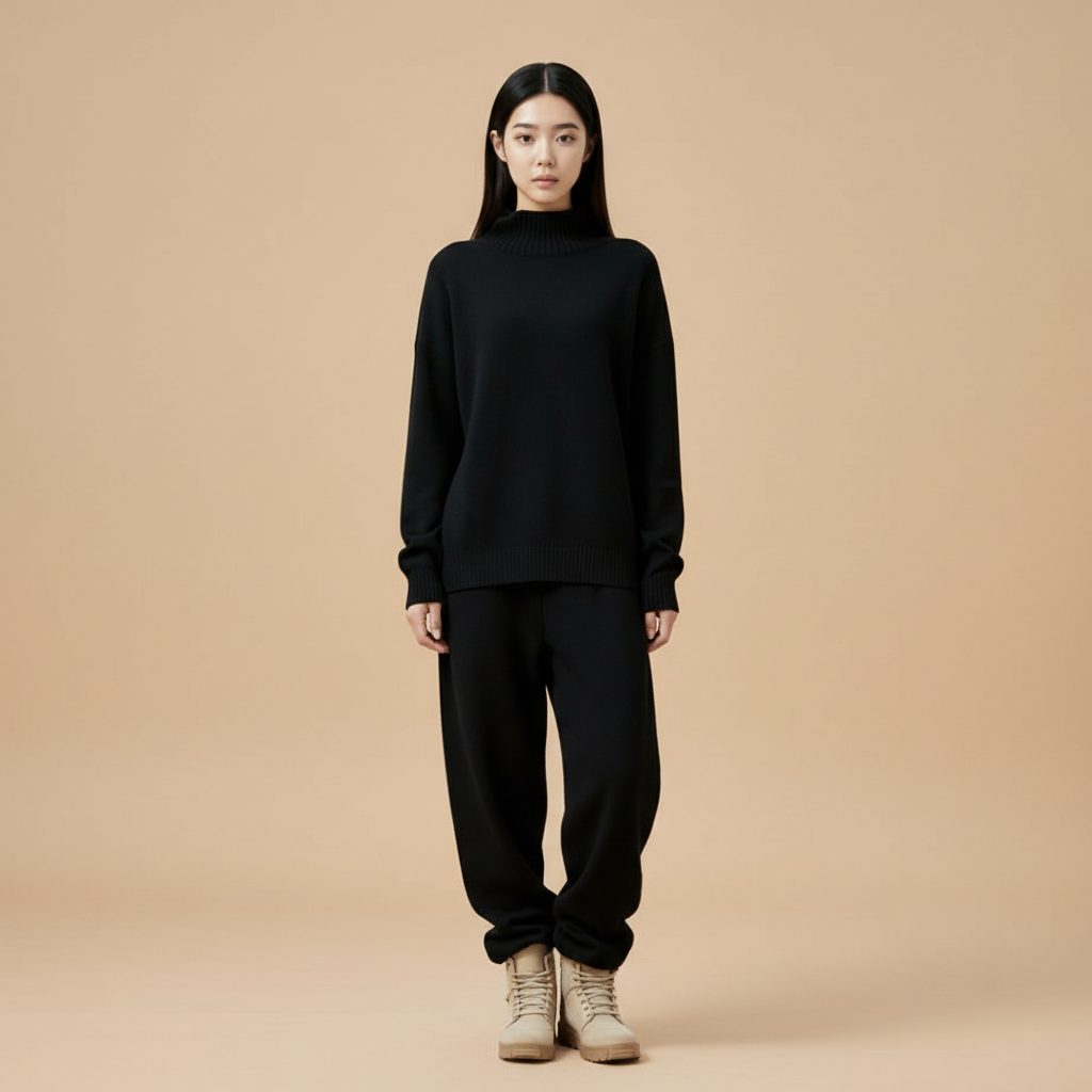 Wide-leg knit co-ord set in black worn by a standing model facing front, showing a high-neck pullover with minimal detailing, relaxed modest silhouette, wide-leg trousers with straight cut, full-length legs, and hem resting above boots