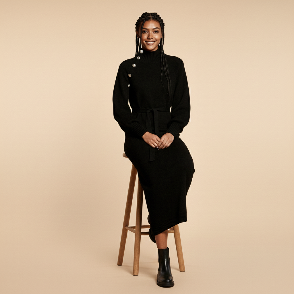 Knitted jumper dress in black worn by a seated model on a stool, showing a high ribbed neckline, smooth knit finish, long sleeves, waist belt tie, shoulder button detailing, and full-length modest silhouette