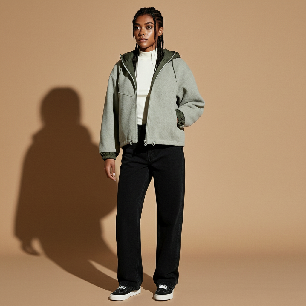 Short padded jacket in green worn by a standing model, showing a cropped length, oversized hood, padded body, zip front fastening, and elasticated cuffs