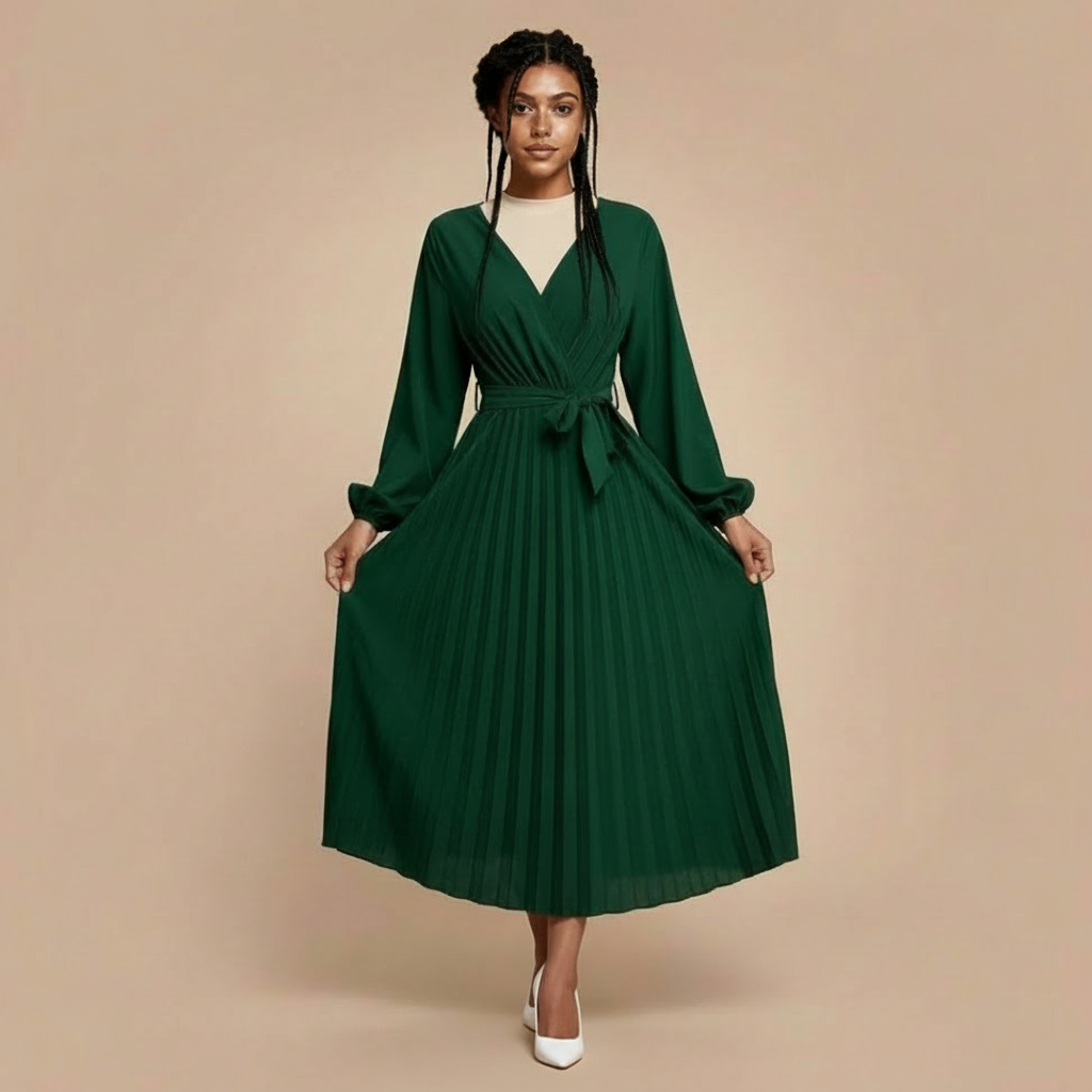 Pleated V-neck maxi dress in dark green worn by a standing model holding the skirt slightly outward, showing a wrap-style V neckline layered over a high inner top, long sleeves with gathered cuffs, self-tie waist belt, finely pleated skirt, and flowing midi-to-maxi hem