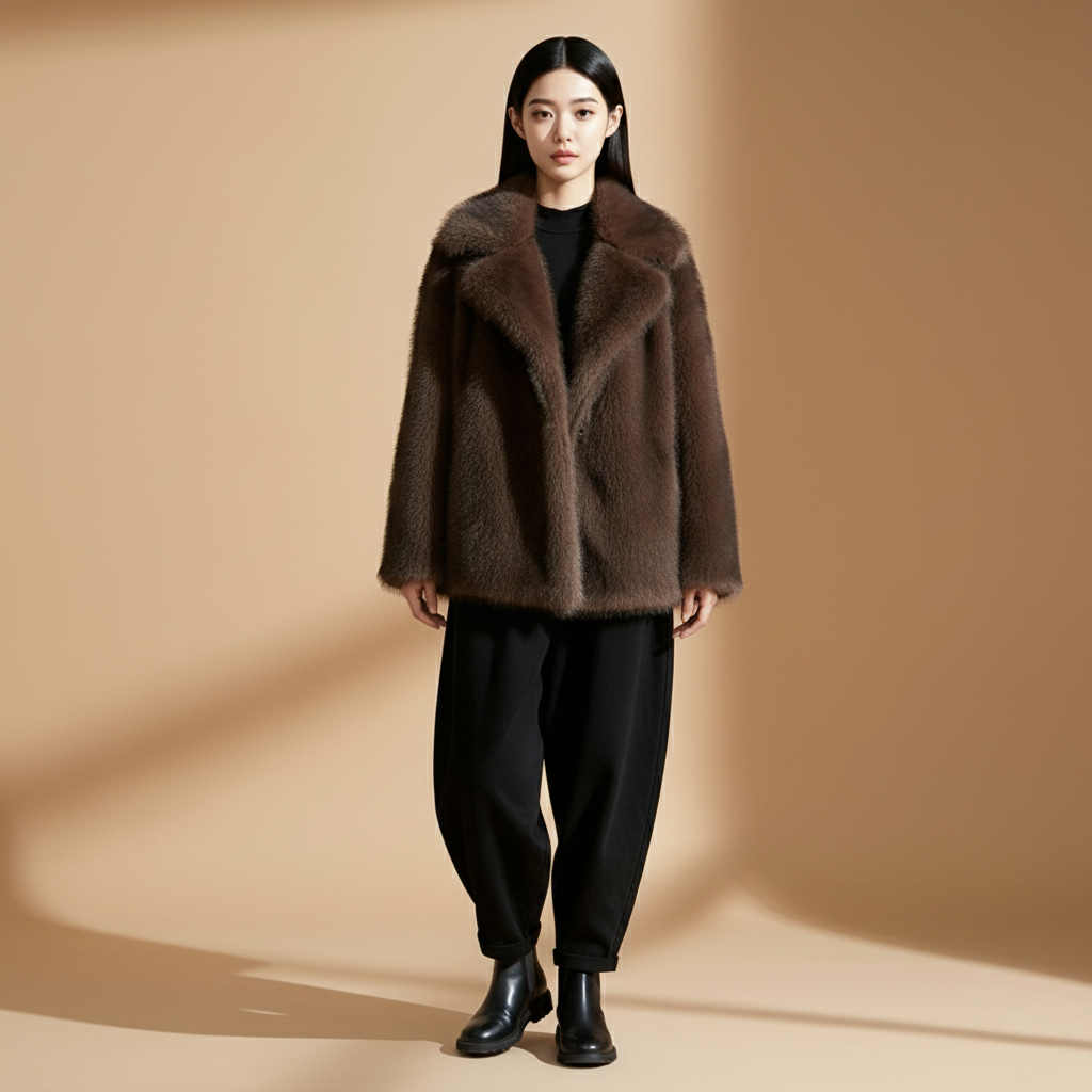 Faux fur jacket in dark coffee brown worn by a standing model, showing a loose oversized silhouette, wide collar shaping, gradient faux fur pile, long sleeves, and straight hem