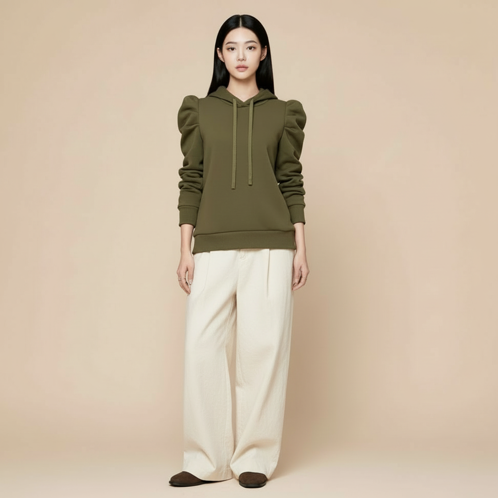 Loose fit hoodie in army green worn by a standing model, showing an oversized fit, structured shoulder detail, drawstring hood, long sleeves, and ribbed hem