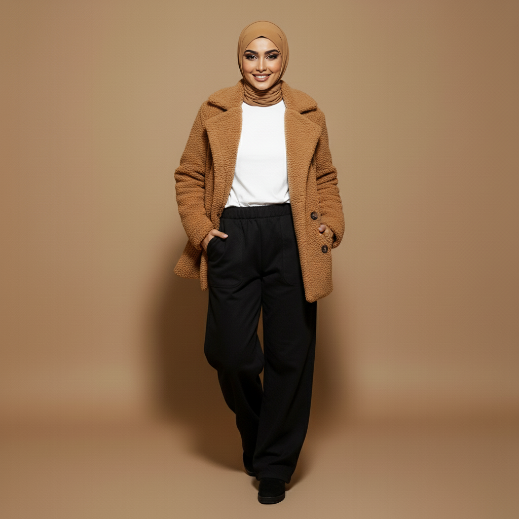 Teddy fleece jacket in camel brown worn by a standing model with hands in pockets, showing a loose fit, double-breasted front, wide collar, long sleeves, and soft fleece texture