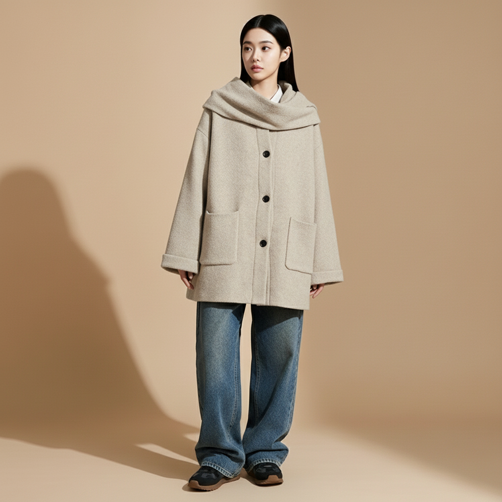 Bouclé coat in khaki worn by a standing model, showing a loose oversized silhouette, front button closure, scarf draped around the collar, long sleeves, and clean straight hem