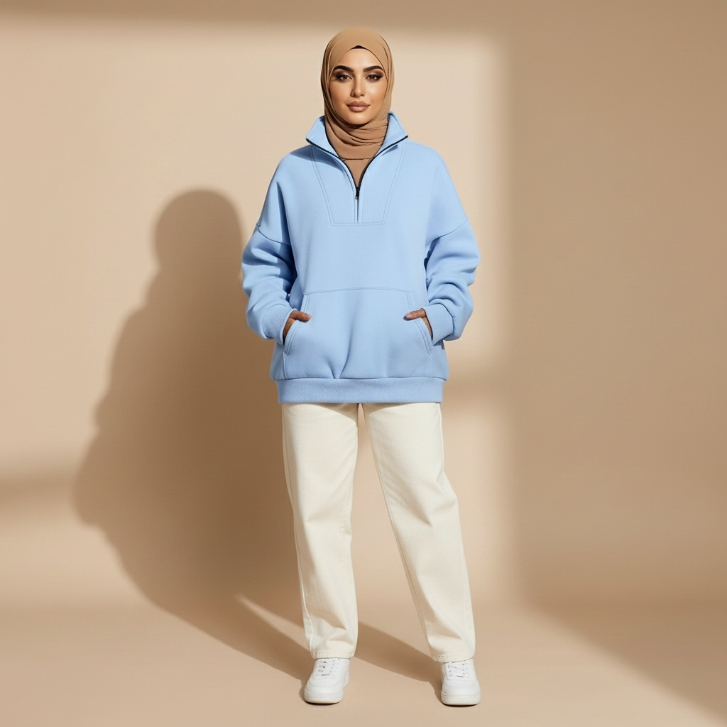 Quarter zip sweatshirt in light blue worn by a standing model, showing an oversized fit, quarter zip collar, long sleeves, ribbed hem, and front kangaroo pocket
