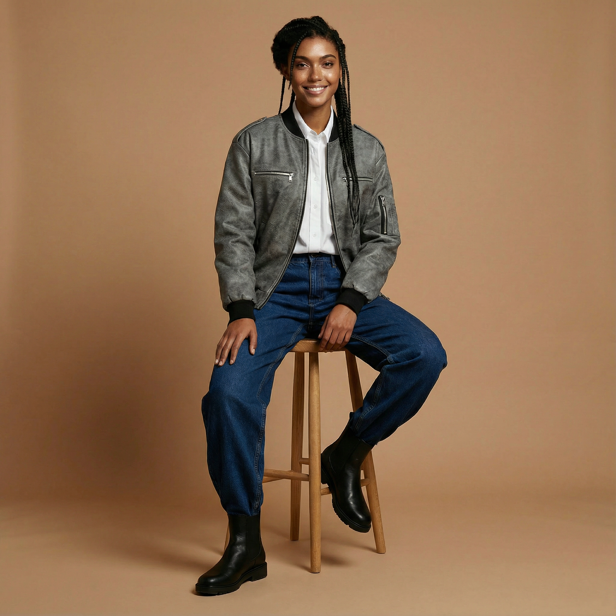 Faux leather bomber jacket in Grey worn by a seated model facing front, showing a zip-up front, ribbed collar, ribbed cuffs, ribbed hem, visible zip pocket detailing, relaxed sleeve volume, and a clean matte finish paired with denim and boots