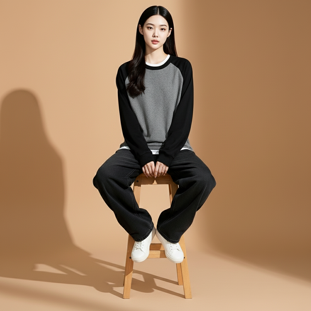 Oversized long sleeve raglan top in Grey and black worn by a seated model on a stool, showing colour-block raglan sleeves, crew neckline, relaxed drape, loose straight hem, and long sleeves
